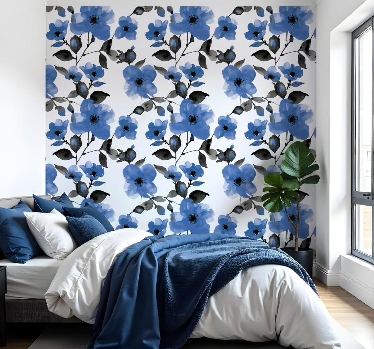 blue poppies pattern flowers wallpaper - TenStickers