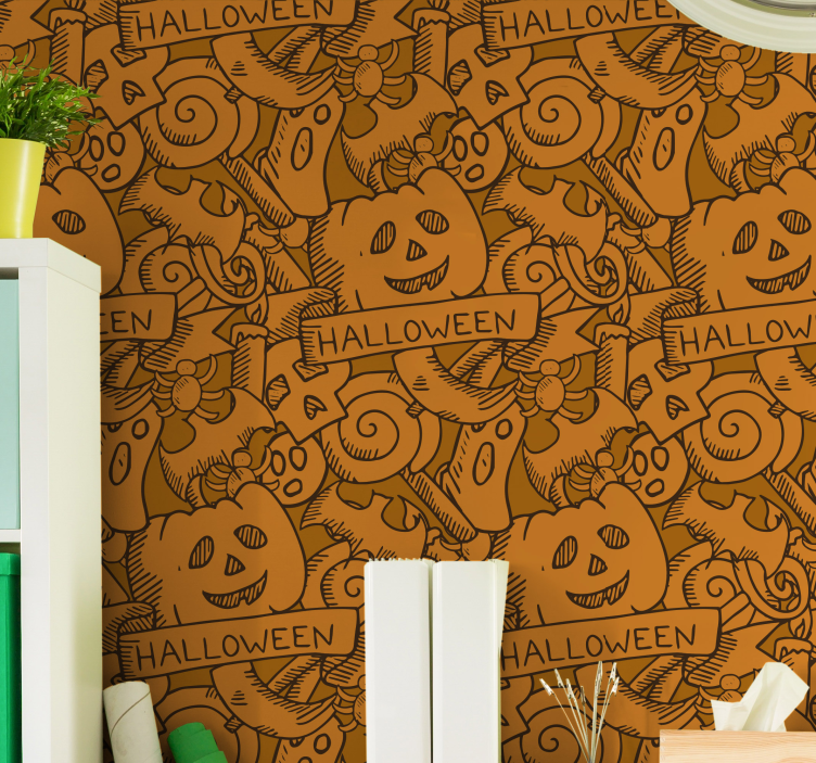 Cheerful orange motif cute halloween wallpaper - TenStickers