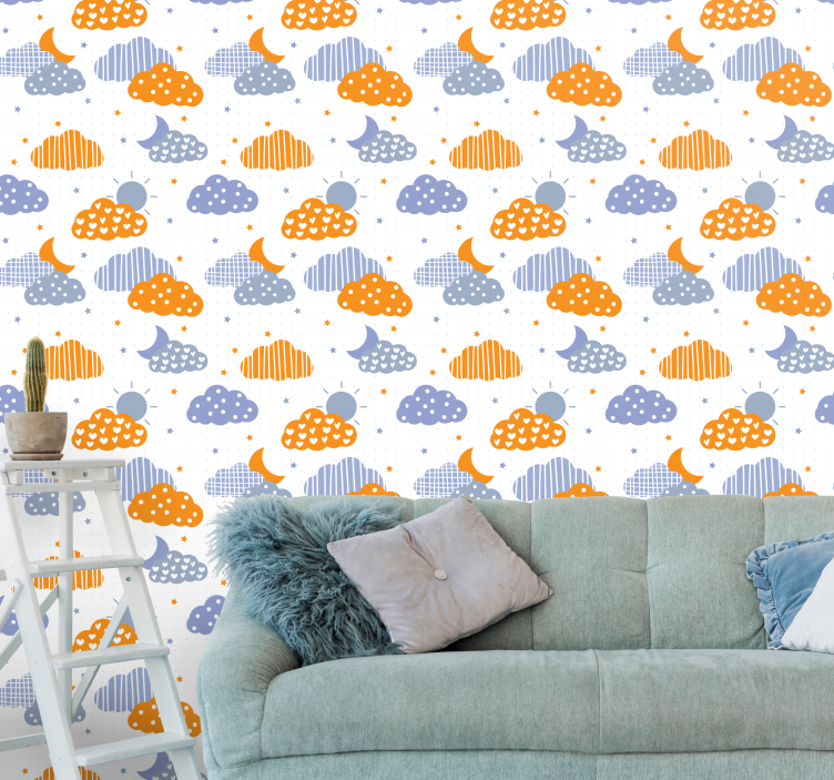 Blue and orange clouds and sun wallpaper childrens room - TenStickers