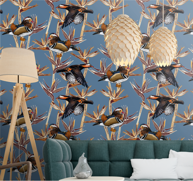 Colorful motif with branches birds in wallpaper - TenStickers