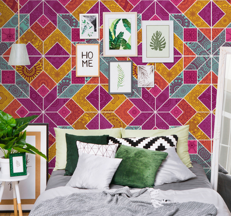 Colorful geometric pattern master bedroom wallpaper - TenStickers