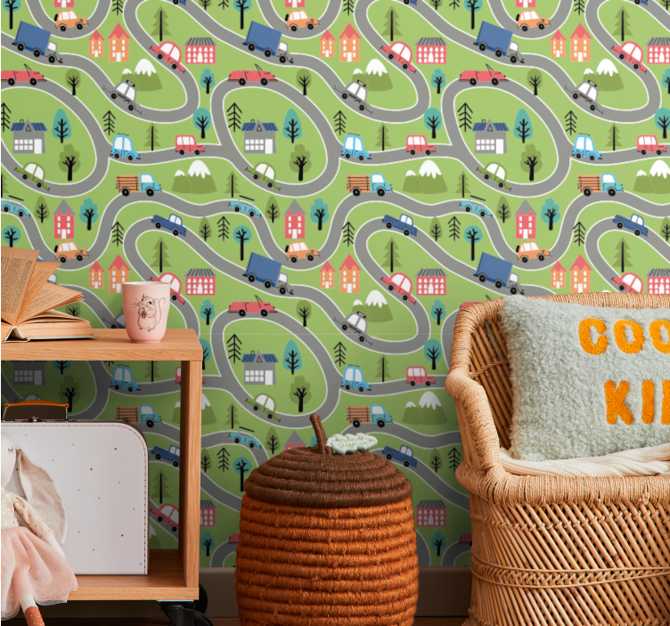 Colorful street with racing cars wallpaper - TenStickers