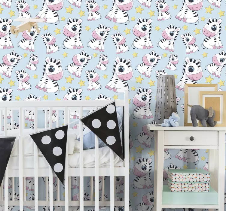Baby motif on blue background wallpaper zebras - TenStickers