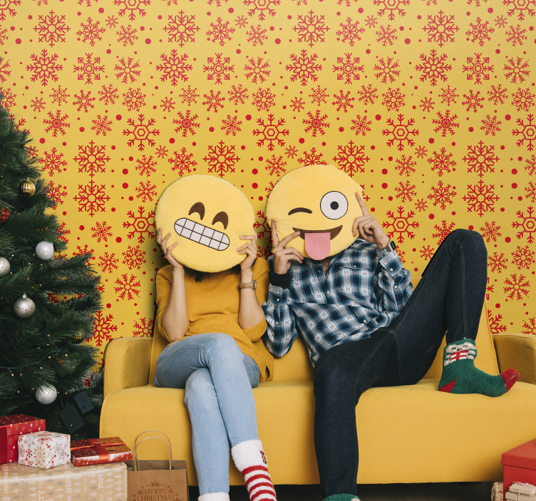 Holiday christmas wallpaper red snowflakes on yellow - TenStickers