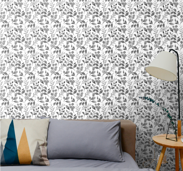 Grey pattern on white background leaves wallpaper - TenStickers