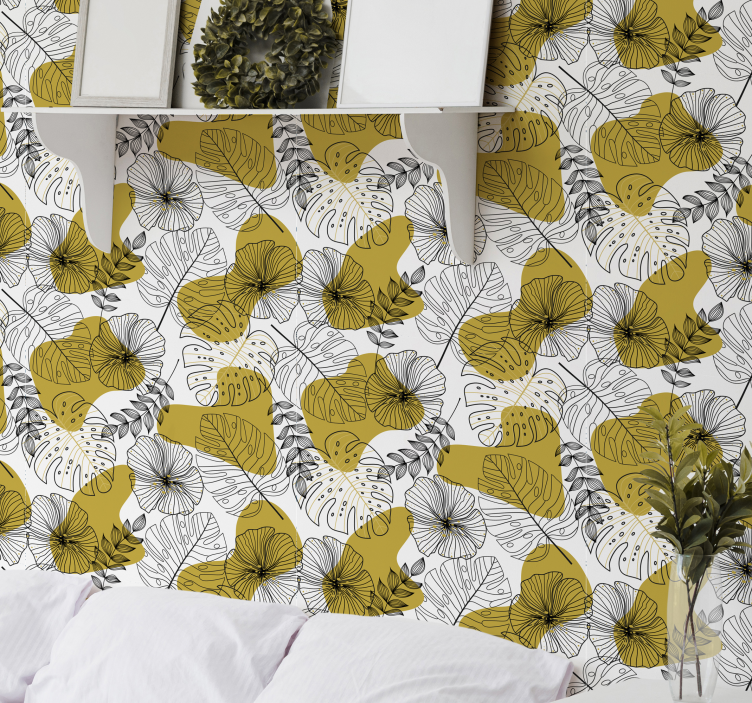 Monstera leafy pattern leaves wallpaper - TenStickers