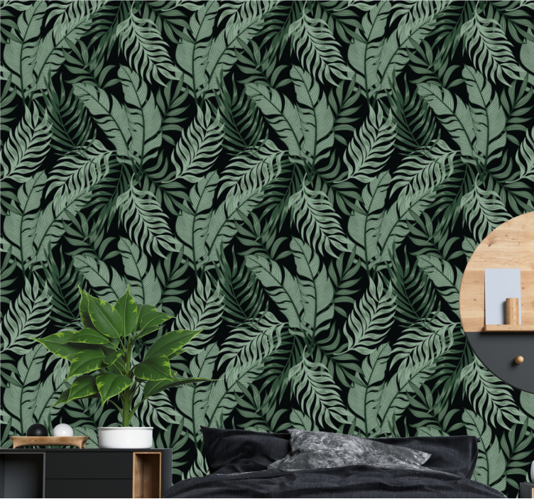 Leafy tropical black background jungle themed wallpaper - TenStickers
