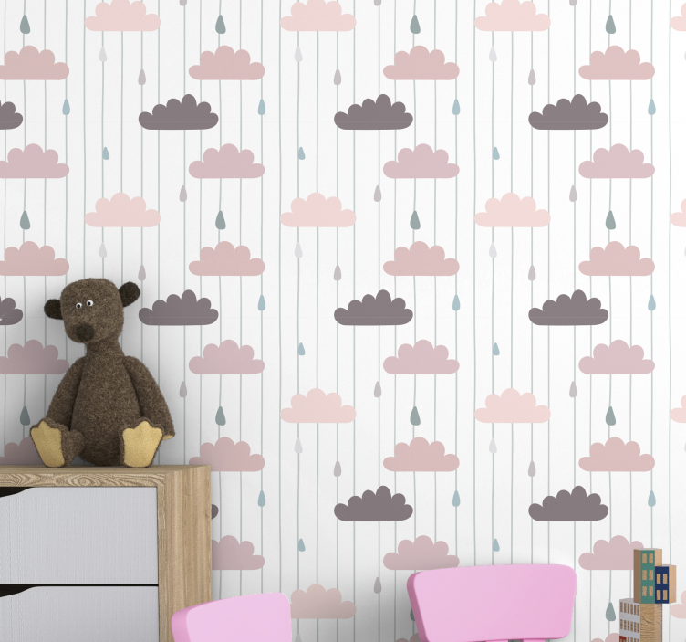 Pink clouds and rain drops Childrens Wallpaper - TenStickers