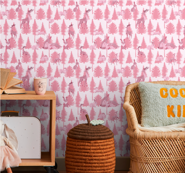 Pink forest motif animals wallpaper - TenStickers