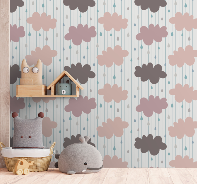 Pink rainy clouds with stripes kids wallpaper - TenStickers