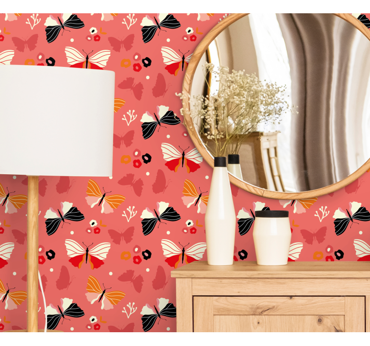 Red colorful pattern butterflies wallpaper - TenStickers
