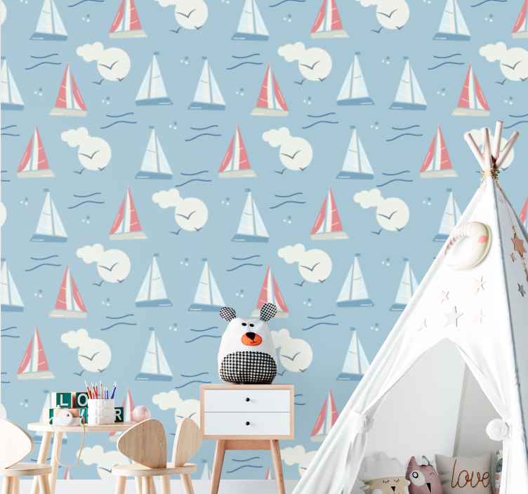Sailboats and clouds wallpaper childrens room - TenStickers
