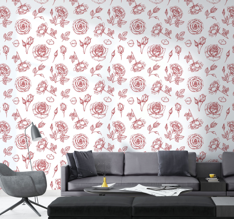 Sketched Floral Pattern flowers wallpaper - TenStickers