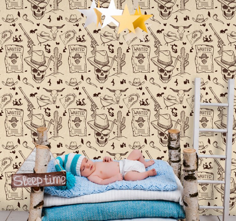Cowboy wanted skull design retro wallpaper - TenStickers